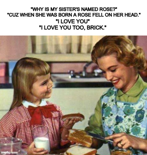 oh hey brick | "WHY IS MY SISTER'S NAMED ROSE?"
"CUZ WHEN SHE WAS BORN A ROSE FELL ON HER HEAD."; "I LOVE YOU" 
"I LOVE YOU TOO, BRICK." | image tagged in why is my sister's name rose,funny,oh hey brick | made w/ Imgflip meme maker