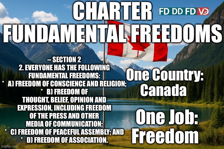 Freedom | CHARTER FUNDAMENTAL FREEDOMS; – SECTION 2
2. EVERYONE HAS THE FOLLOWING FUNDAMENTAL FREEDOMS:
* 		A) FREEDOM OF CONSCIENCE AND RELIGION;
* 		B) FREEDOM OF THOUGHT, BELIEF, OPINION AND EXPRESSION, INCLUDING FREEDOM OF THE PRESS AND OTHER MEDIA OF COMMUNICATION;
* 		C) FREEDOM OF PEACEFUL ASSEMBLY; AND
* 		D) FREEDOM OF ASSOCIATION. One Country:
Canada; One Job:
Freedom | made w/ Imgflip meme maker
