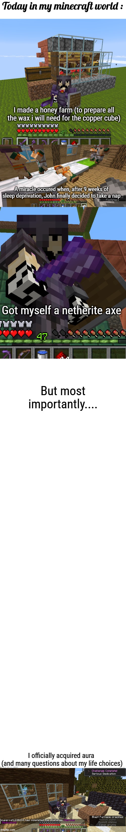 Ahah... ah... i had nothing else better to do | Today in my minecraft world :; I made a honey farm (to prepare all the wax i will need for the copper cube); A miracle occured when, after 9 weeks of sleep deprivation, John finally decided to take a nap; Got myself a netherite axe; But most importantly.... I officially acquired aura 
(and many questions about my life choices) | made w/ Imgflip meme maker