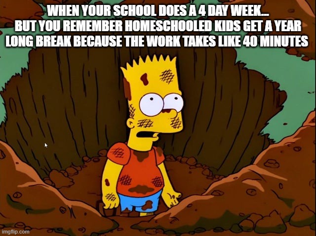 Oppressed Homer | WHEN YOUR SCHOOL DOES A 4 DAY WEEK... BUT YOU REMEMBER HOMESCHOOLED KIDS GET A YEAR LONG BREAK BECAUSE THE WORK TAKES LIKE 40 MINUTES | image tagged in oppressed homer | made w/ Imgflip meme maker
