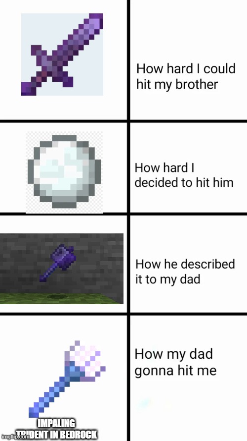 the impaling trident is the strongest ever | IMPALING TRIDENT IN BEDROCK | image tagged in how hard i could hit my brother | made w/ Imgflip meme maker