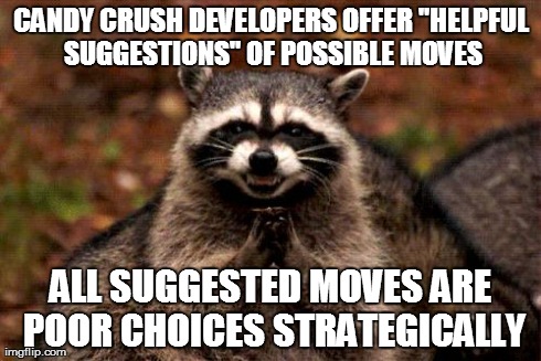 Evil Plotting Raccoon | CANDY CRUSH DEVELOPERS OFFER "HELPFUL SUGGESTIONS" OF POSSIBLE MOVES ALL SUGGESTED MOVES ARE POOR CHOICES STRATEGICALLY | image tagged in memes,evil plotting raccoon | made w/ Imgflip meme maker