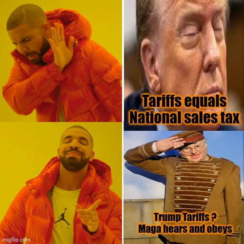 Drake Hotline Bling Meme | Tariffs equals 

National sales tax Trump Tariffs ?

Maga hears and obeys | image tagged in memes,drake hotline bling | made w/ Imgflip meme maker