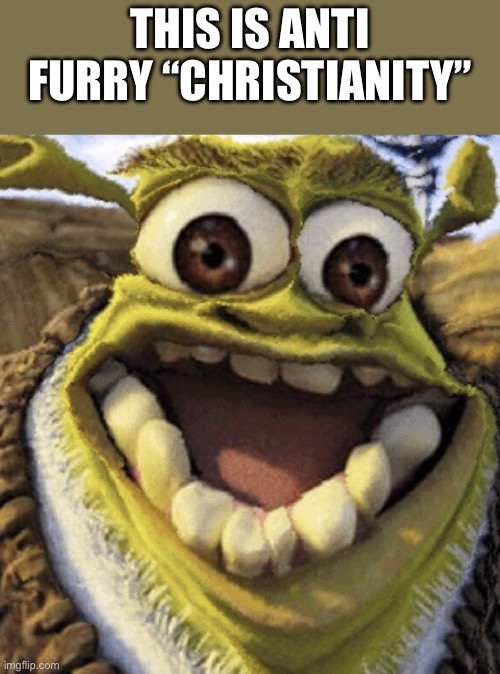 Anti furries distort Christianity by bullying furries | THIS IS ANTI FURRY “CHRISTIANITY” | image tagged in distorted shrek | made w/ Imgflip meme maker