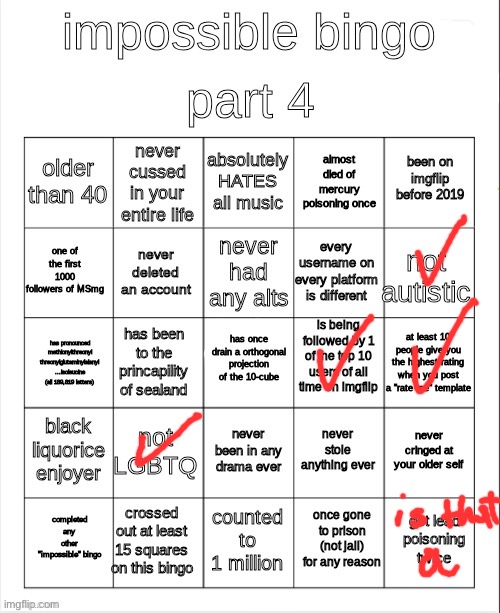 impossible bingo part 4 | image tagged in impossible bingo part 4 | made w/ Imgflip meme maker