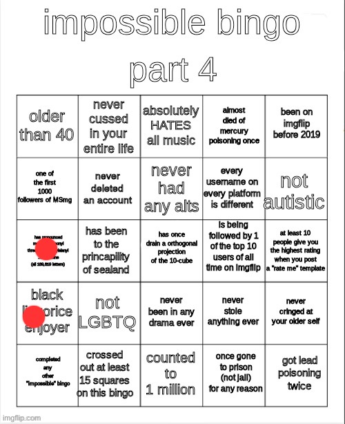 impossible bingo part 4 | image tagged in impossible bingo part 4 | made w/ Imgflip meme maker