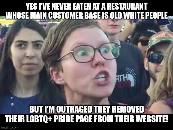 Cracker Barrel removed their LGBTQ+ web page and now people who have never eaten there are outraged | YES I'VE NEVER EATEN AT A RESTAURANT WHOSE MAIN CUSTOMER BASE IS OLD WHITE PEOPLE; BUT I'M OUTRAGED THEY REMOVED THEIR LGBTQ+ PRIDE PAGE FROM THEIR WEBSITE! | image tagged in angry sjw,cracker barrel,lgbtq,stupid liberals | made w/ Imgflip meme maker