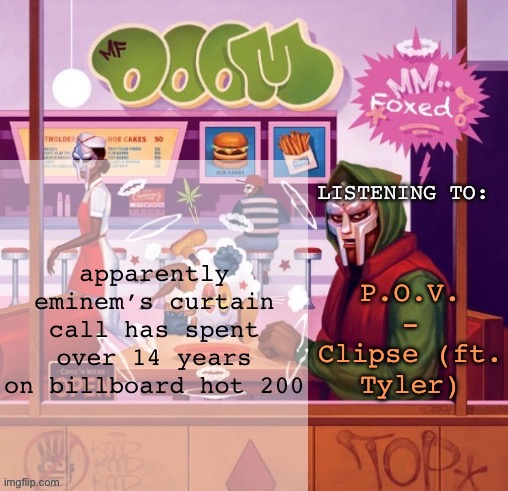 foxed MM FOOD temp | apparently eminem’s curtain call has spent over 14 years on billboard hot 200; P.O.V. - Clipse (ft. Tyler) | image tagged in foxed mm food temp | made w/ Imgflip meme maker