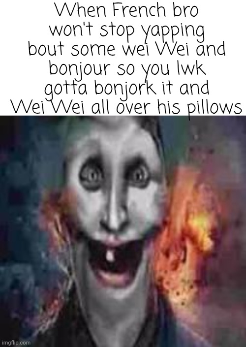 jonkler dumb | When French bro won't stop yapping bout some wei Wei and bonjour so you lwk gotta bonjork it and Wei Wei all over his pillows | image tagged in jonkler dumb | made w/ Imgflip meme maker