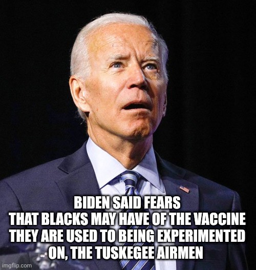 Joe Biden | BIDEN SAID FEARS THAT BLACKS MAY HAVE OF THE VACCINE

THEY ARE USED TO BEING EXPERIMENTED ON, THE TUSKEGEE AIRMEN | image tagged in joe biden | made w/ Imgflip meme maker