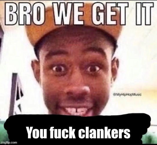 Bro we get it (blank) | You fuck clankers | image tagged in bro we get it blank | made w/ Imgflip meme maker