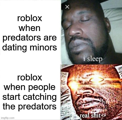 Sleeping Shaq | roblox when predators are dating minors; roblox when people start catching the predators | image tagged in memes,sleeping shaq | made w/ Imgflip meme maker