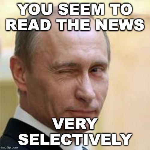 Putin Winking | YOU SEEM TO READ THE NEWS VERY SELECTIVELY | image tagged in putin winking | made w/ Imgflip meme maker