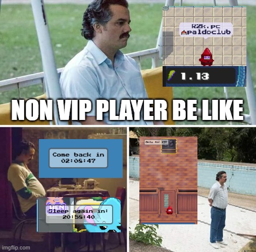 Sad Pablo Escobar | NON VIP PLAYER BE LIKE | image tagged in memes,sad pablo escobar | made w/ Imgflip meme maker