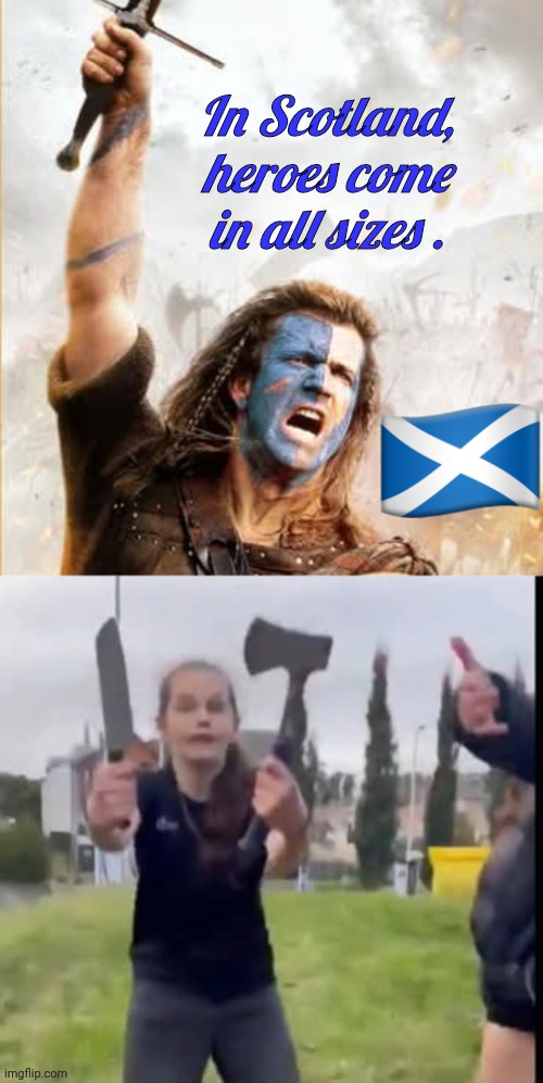 Scottish heroes come in all sizes | In Scotland, heroes come in all sizes . | image tagged in bravehearted scottish girl lola,william,surprised wallace | made w/ Imgflip meme maker