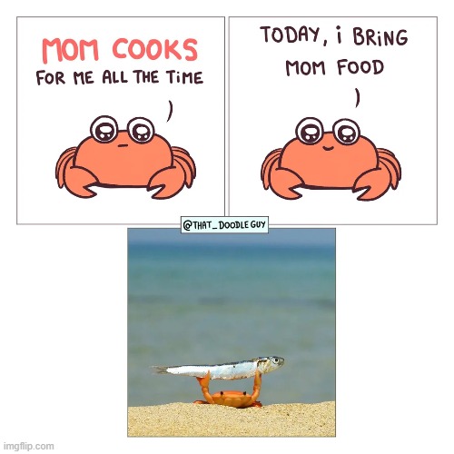 image tagged in crab,baby,mom,cooking,food,fish | made w/ Imgflip meme maker