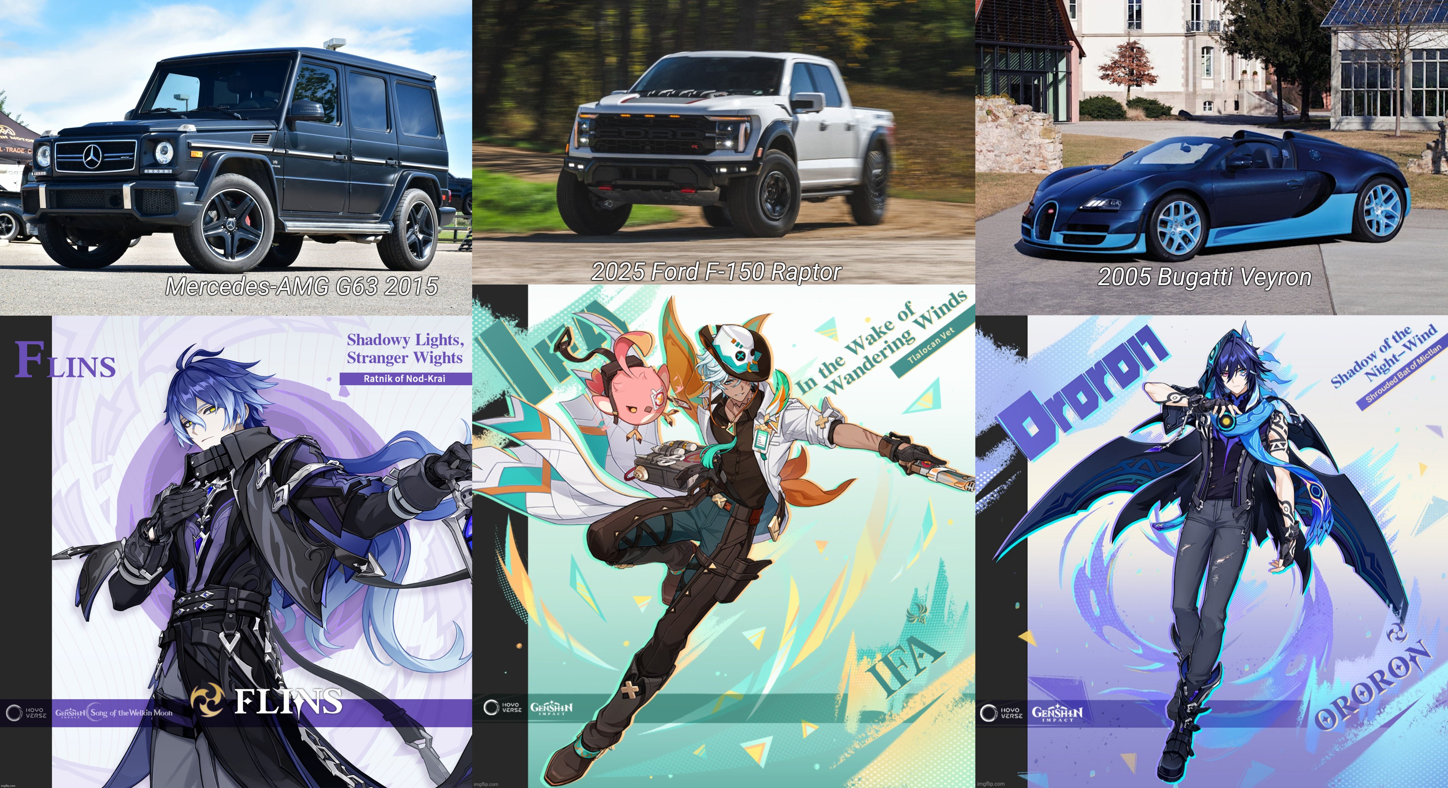 How's Looks Like New Guy: Flins, Ifa And Ororon? | 2025 Ford F-150 Raptor; 2005 Bugatti Veyron; Mercedes-AMG G63 2015 | made w/ Imgflip meme maker