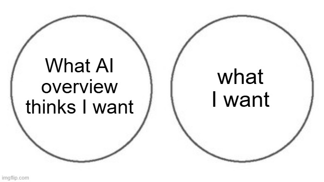 I hate it so, so, so, so, so, so, SO FUCKING MUCH! | What AI overview thinks I want; what I want | image tagged in non overlapping venn diagram,google,ai,anti-ai | made w/ Imgflip meme maker