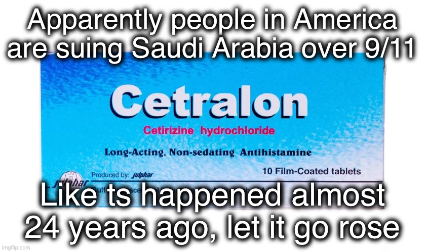 Link is desc | Apparently people in America are suing Saudi Arabia over 9/11; Like ts happened almost 24 years ago, let it go 🥀 | image tagged in cetralon arabmogus temp | made w/ Imgflip meme maker