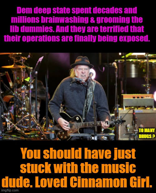 Angry bitter old doper, Him & 3 livers Crosby good match | Dem deep state spent decades and millions brainwashing & grooming the lib dummies. And they are terrified that their operations are finally being exposed. TO MANY DRUGS ? You should have just stuck with the music dude. Loved Cinnamon Girl. | made w/ Imgflip meme maker