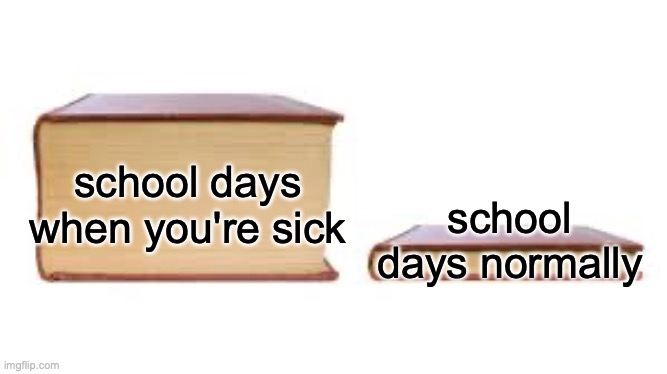 I swear they doing something fun while I have my dang fever | school days when you're sick; school days normally | image tagged in big book small book,funny,memes,school,sick,relatable | made w/ Imgflip meme maker