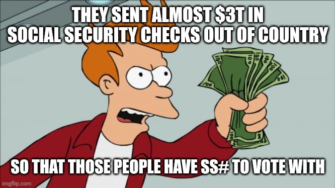 Looking at you Venezuela | THEY SENT ALMOST $3T IN SOCIAL SECURITY CHECKS OUT OF COUNTRY; SO THAT THOSE PEOPLE HAVE SS# TO VOTE WITH | image tagged in memes,shut up and take my money fry | made w/ Imgflip meme maker