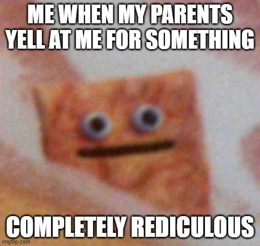 Why. | ME WHEN MY PARENTS YELL AT ME FOR SOMETHING; COMPLETELY REDICULOUS | image tagged in cinnamon toast crunch | made w/ Imgflip meme maker