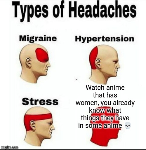 Types of Headaches meme | Watch anime that has women, you already know what things they have in some anime ? | image tagged in types of headaches meme | made w/ Imgflip meme maker