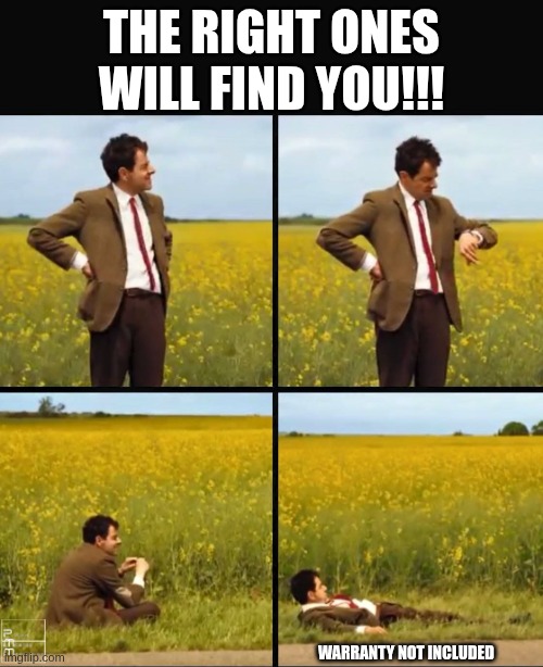 Mr bean waiting | THE RIGHT ONES WILL FIND YOU!!! WARRANTY NOT INCLUDED | image tagged in mr bean waiting | made w/ Imgflip meme maker