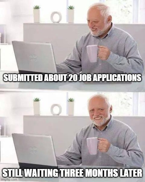Job Hunting | SUBMITTED ABOUT 20 JOB APPLICATIONS; STILL WAITING THREE MONTHS LATER | image tagged in memes,hide the pain harold | made w/ Imgflip meme maker