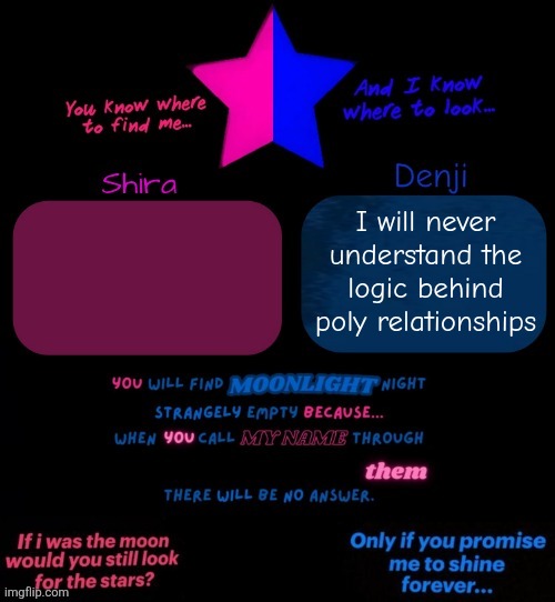 I'm only made for loving 1 person at a time sorry | I will never understand the logic behind poly relationships | image tagged in shira and denji tv girl shared announcement template | made w/ Imgflip meme maker
