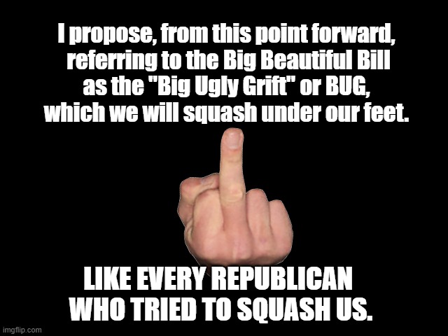 Squash the BUG! | I propose, from this point forward,
 referring to the Big Beautiful Bill
 as the "Big Ugly Grift" or BUG, 
which we will squash under our feet. LIKE EVERY REPUBLICAN 
WHO TRIED TO SQUASH US. | image tagged in bug,republicans,traitor trump,gop sucks,fuck you gop | made w/ Imgflip meme maker
