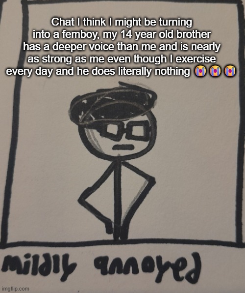 mildly annoyed | Chat I think I might be turning into a femboy, my 14 year old brother has a deeper voice than me and is nearly as strong as me even though I exercise every day and he does literally nothing 😭😭😭 | image tagged in mildly annoyed | made w/ Imgflip meme maker
