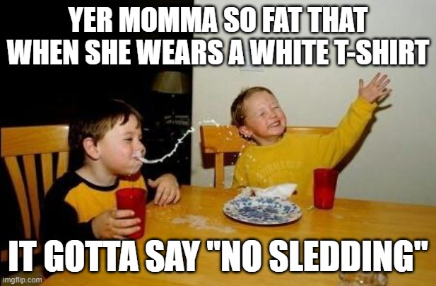 Yo Momma So Fat | YER MOMMA SO FAT THAT WHEN SHE WEARS A WHITE T-SHIRT; IT GOTTA SAY "NO SLEDDING" | image tagged in yo momma so fat | made w/ Imgflip meme maker