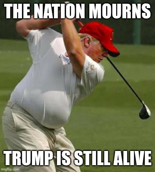 I got this heartbreaking news as soon as I woke up. | THE NATION MOURNS; TRUMP IS STILL ALIVE | image tagged in trump golf gut | made w/ Imgflip meme maker