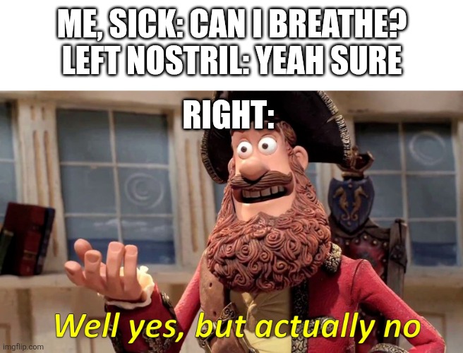 true aF. | ME, SICK: CAN I BREATHE?
LEFT NOSTRIL: YEAH SURE; RIGHT: | image tagged in well yes but actually no | made w/ Imgflip meme maker