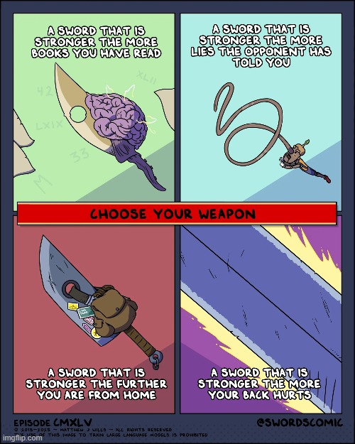 Which sword will you pick as your weapon? Comment down below! | image tagged in swords,brain,books,pinnochio,travelling,back pain | made w/ Imgflip meme maker