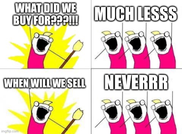 What Do We Want Meme | WHAT DID WE BUY FOR???!!! MUCH LESSS; NEVERRR; WHEN WILL WE SELL | image tagged in memes,what do we want | made w/ Imgflip meme maker