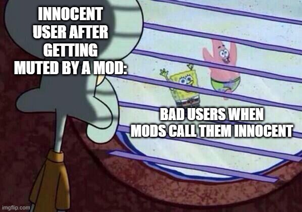 Mods when they mutes them innocent users instead of bad users (not all the time) | INNOCENT USER AFTER GETTING MUTED BY A MOD:; BAD USERS WHEN MODS CALL THEM INNOCENT | image tagged in squidward window | made w/ Imgflip meme maker