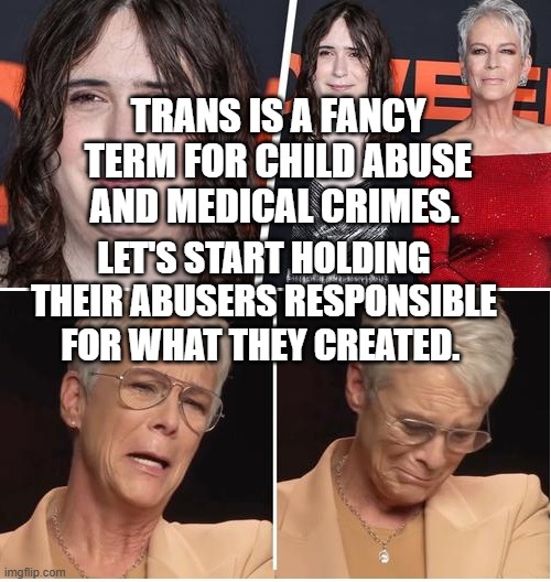 jamie lee curtis | TRANS IS A FANCY TERM FOR CHILD ABUSE AND MEDICAL CRIMES. LET'S START HOLDING THEIR ABUSERS RESPONSIBLE FOR WHAT THEY CREATED. | image tagged in jamie lee curtis | made w/ Imgflip meme maker