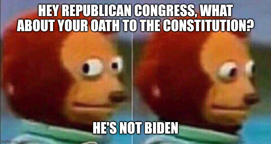 Monkey looking away | HEY REPUBLICAN CONGRESS, WHAT ABOUT YOUR OATH TO THE CONSTITUTION? HE'S NOT BIDEN | image tagged in monkey looking away | made w/ Imgflip meme maker