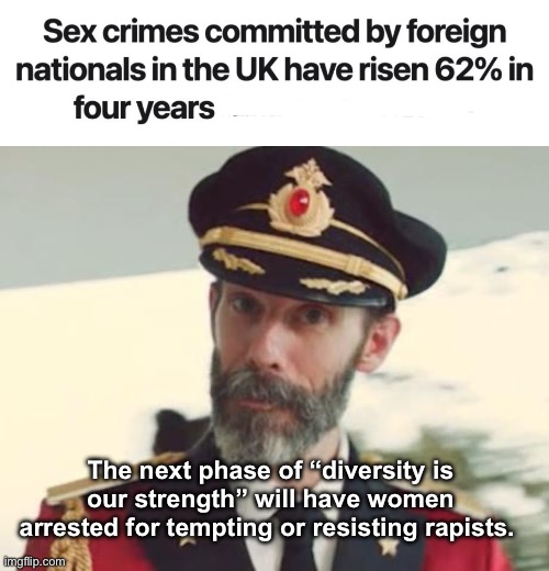 Liberalism is a mental disorder | The next phase of “diversity is our strength” will have women arrested for tempting or resisting rapists. | image tagged in captain obvious,politics lol,memes,government corruption,liberal logic | made w/ Imgflip meme maker