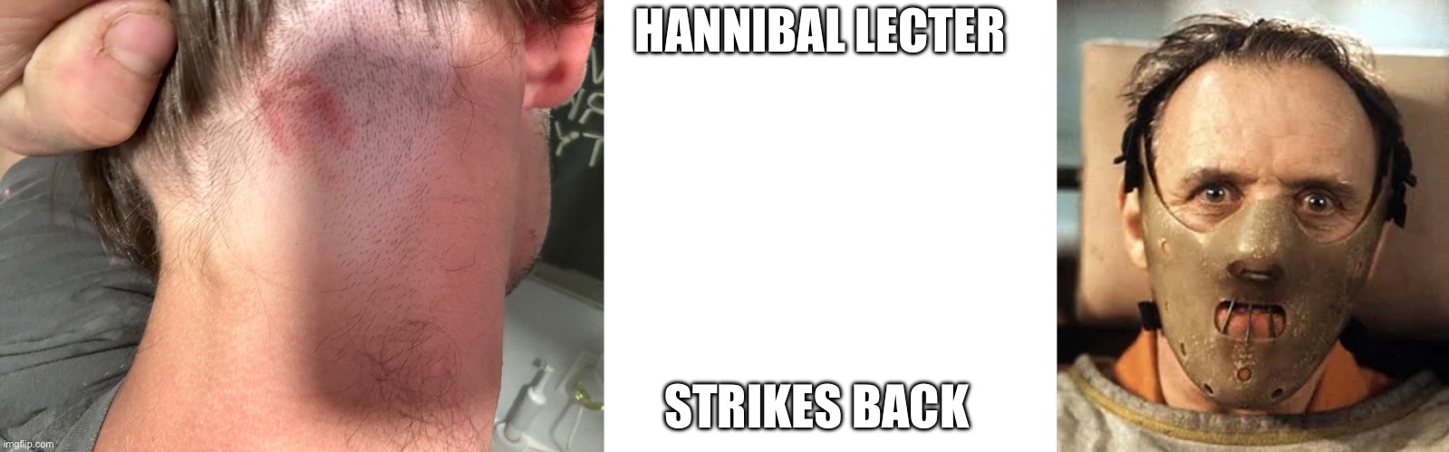 Hannibal strikes back | HANNIBAL LECTER; STRIKES BACK | image tagged in hannibal lecter silence of the lambs | made w/ Imgflip meme maker