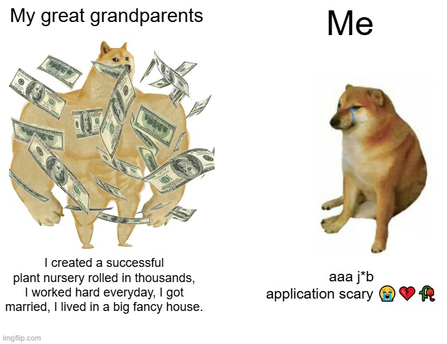 Great-grandparents vs me | My great grandparents; Me; I created a successful plant nursery rolled in thousands, I worked hard everyday, I got married, I lived in a big fancy house. aaa j*b application scary 😭💔🥀 | image tagged in memes,buff doge vs cheems,funny | made w/ Imgflip meme maker