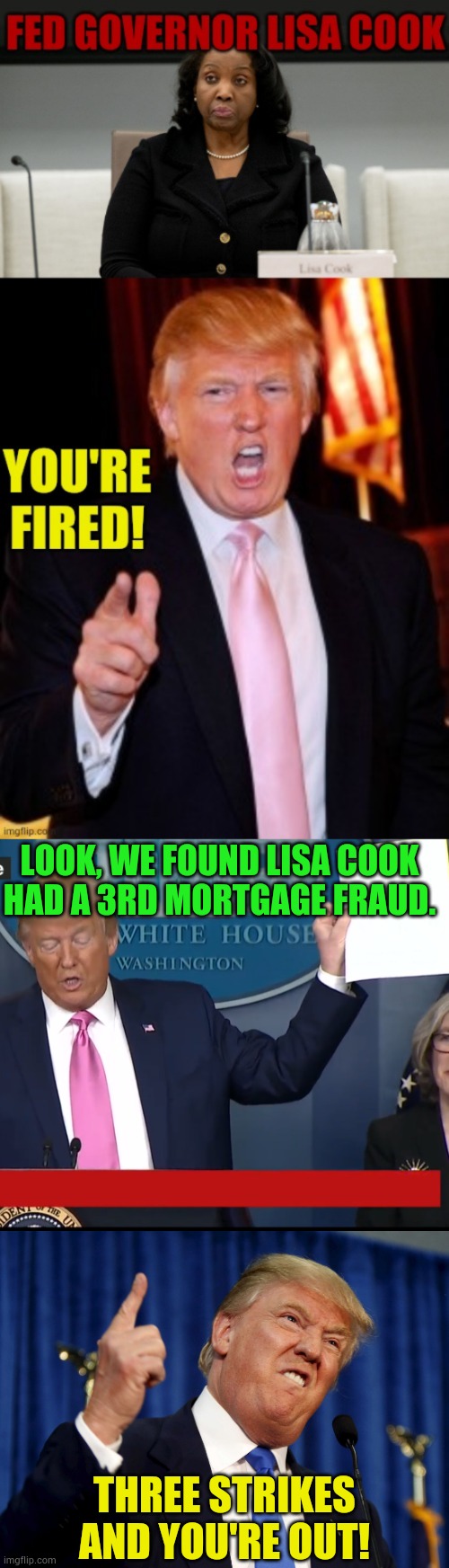 Three Strikes And You're Out! | LOOK, WE FOUND LISA COOK HAD A 3RD MORTGAGE FRAUD. THREE STRIKES AND YOU'RE OUT! | image tagged in trump news briefing picture graph,lisa,cook,3rd time,politics,memes | made w/ Imgflip meme maker