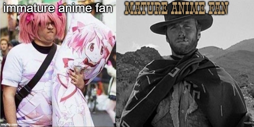 A mature anime fan respects their own culture | immature anime fan | image tagged in anime,cowboy,patriot,weeb,clint eastwood - western | made w/ Imgflip meme maker