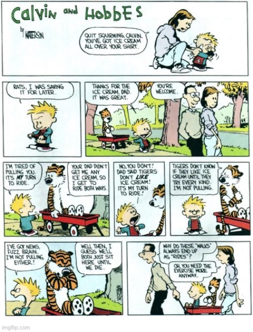 Moral of the story: let your tiger have ice cream if he or she wants it… | image tagged in calvin and hobbes,comics,ice cream,wagon ride,argument | made w/ Imgflip meme maker