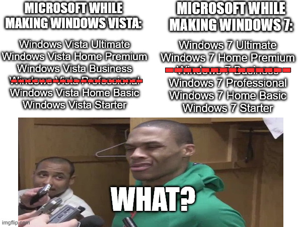 Skipped Windows Versions | MICROSOFT WHILE MAKING WINDOWS 7:; MICROSOFT WHILE MAKING WINDOWS VISTA:; Windows 7 Ultimate
Windows 7 Home Premium
Windows 7 Business
Windows 7 Professional
Windows 7 Home Basic
Windows 7 Starter; Windows Vista Ultimate
Windows Vista Home Premium
Windows Vista Business
Windows Vista Professional
Windows Vista Home Basic
Windows Vista Starter; --------------; -------------------; WHAT? | image tagged in memes | made w/ Imgflip meme maker