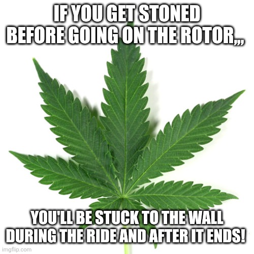 Marijuana leaf | IF YOU GET STONED BEFORE GOING ON THE ROTOR,,, YOU'LL BE STUCK TO THE WALL DURING THE RIDE AND AFTER IT ENDS! | image tagged in marijuana leaf | made w/ Imgflip meme maker