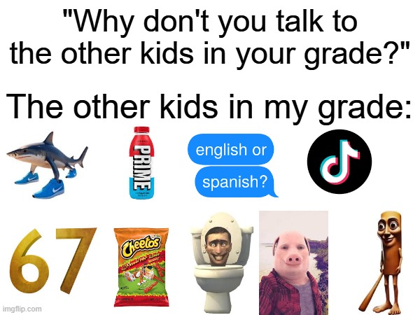 HS is cooking me bro | "Why don't you talk to the other kids in your grade?"; The other kids in my grade: | image tagged in school | made w/ Imgflip meme maker